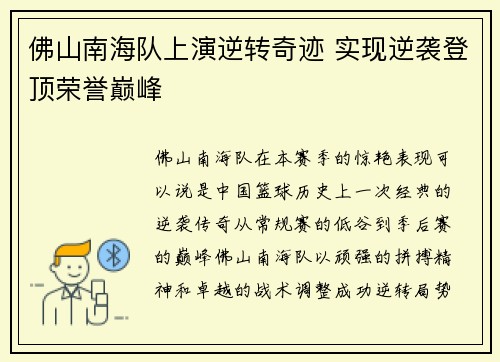 佛山南海队上演逆转奇迹 实现逆袭登顶荣誉巅峰