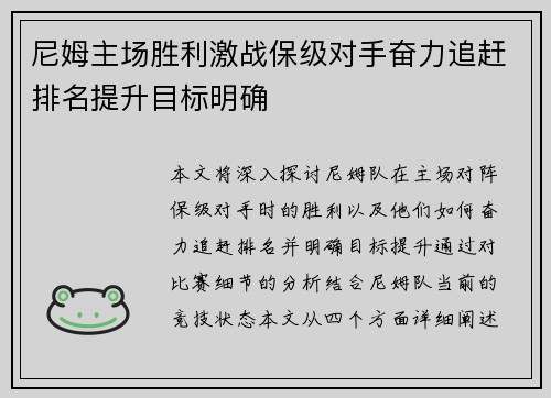 尼姆主场胜利激战保级对手奋力追赶排名提升目标明确