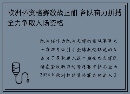 欧洲杯资格赛激战正酣 各队奋力拼搏全力争取入场资格