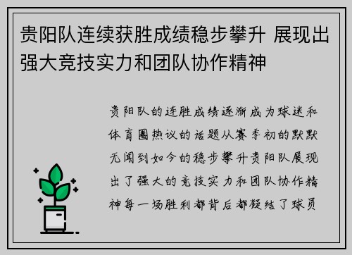贵阳队连续获胜成绩稳步攀升 展现出强大竞技实力和团队协作精神