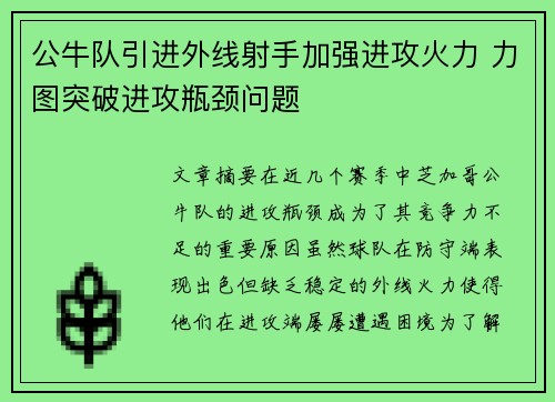 公牛队引进外线射手加强进攻火力 力图突破进攻瓶颈问题